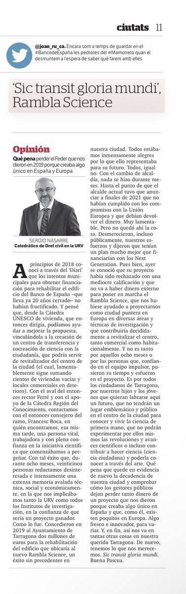 SNasarreA's tweet image. Buenos días. Les dejo mi crónica de lo sucedido hasta ahora con el proyecto #RamblaScience en el edificio del #BancodeEspaña en Tarragona, publicada hoy en @diaridtarragona . Toda la información en housing.urv.cat/rambla-science/ @housingchairurv @cienciaURV