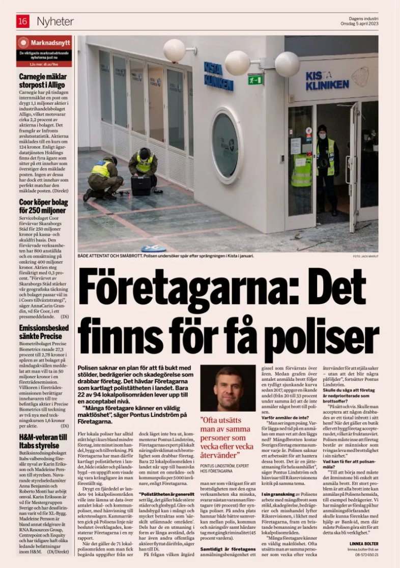 pontusIindstrom's tweet photo. Endast 22 av 94 lokalpolisområden uppnår @Polisen_Sverige egna mål om en områdespolis per 5 000 inv. Det visar ny granskning av @foretagarna och @tryggaresverige.

https://t.co/zdvGZ1jMjd https://t.co/EMTtkV619J
