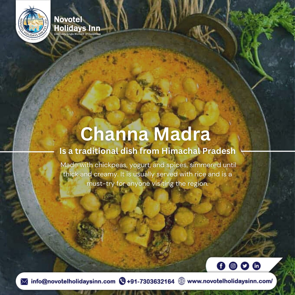 Channa Madra is a traditional dish from Himachal Pradesh made with chickpeas, 
#holiday #holidays #novotelholidaysinn #resorts #resortwear #traditionalfood #activities #shimla #ChannaMadra  #novotel #IslandRetreat #ParadiseFound #manali
