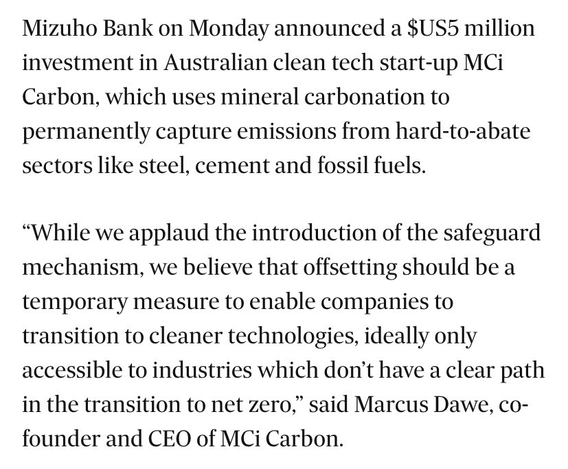 Thanks for the mention earlier this week @FinancialReview about the @mizuhobank investment into our technology, decarbonising industries and economies #safeguardmechanism #mineralcarbonation