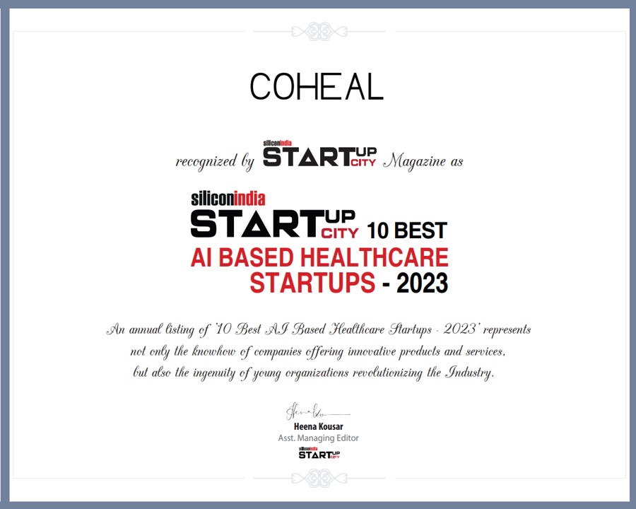 Elated to share that our Enterprise Wellness Platform CoHeal has been recognized as one of the 10 best AI-based Healthcare Startups in 2023! Thank You, Silicon India Startup City Magazine!
#ai #aiinhealthcare #healthcaretechnology #wellness #healthtechstartup
