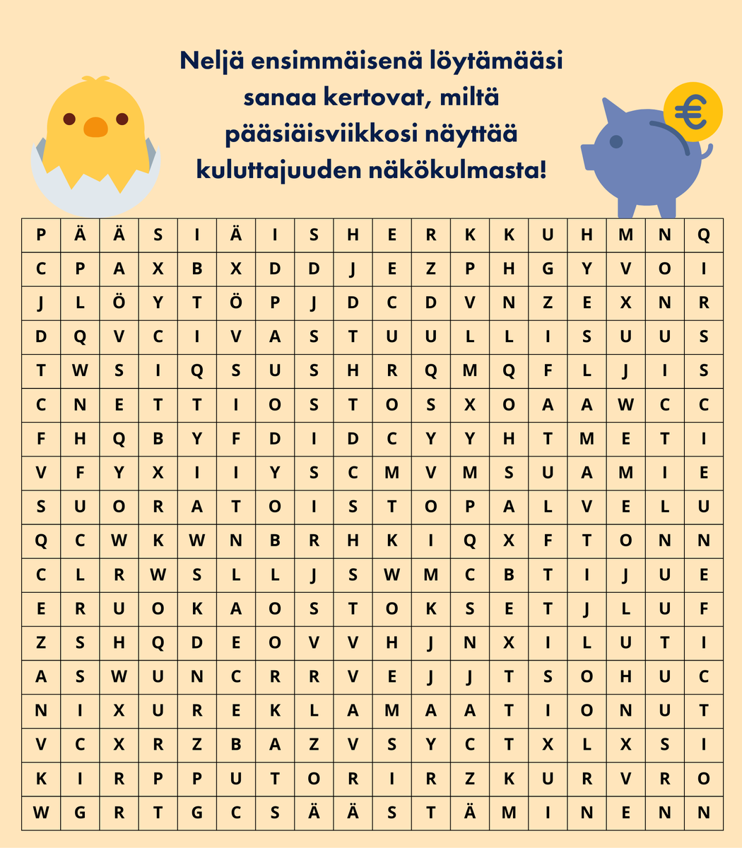 Viikonloppuna vietetään pääsiäistä! 🌱🐣 Etsi sanaristikosta 4 sanaa ja selvitä, miltä sinun viikkosi kuluttajuuden näkökulmasta näyttää. Lisää ajanvietettä pääsiäiseksi löydät visojen ja testien muodossa KKV Kampukselta: kkv-kampus.fi