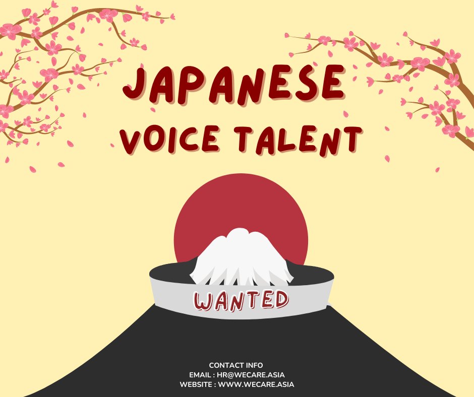 Looking for 4  Japanese voice talents (male/female) to support us on e-Learning and TV/Online commercials voice-over projects.

We welcome both beginners &amp; professionals. If you are interested in this opportunity, contact us by hr@wecare.asia

#japanese #VoiceActors #AnimeJapan