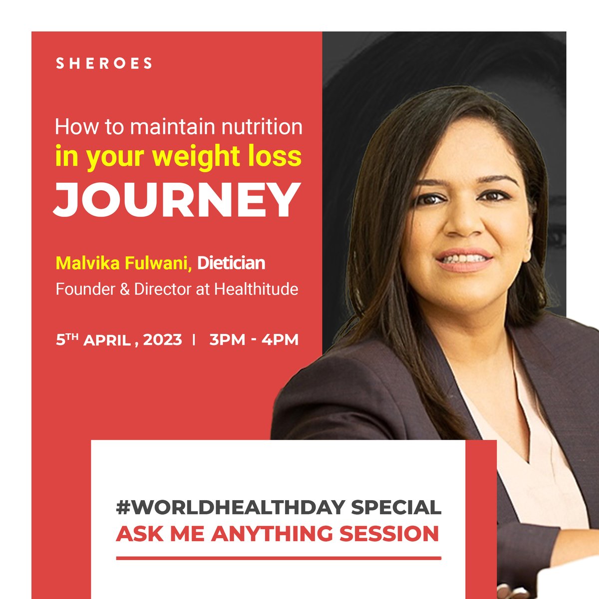 sheroes's tweet photo. A balanced diet goes a long way - Give it the right headstart!

Today's #WorldHealthDay Special #AskMeAnything with SHEROES Champion &amp; Dietician Malvika Fulwani is a chance to understand your nutritional needs and rework those #fitnessgoals🎯 

Ask now: https://t.co/dn7X33qT9H https://t.co/STaH0GSEI8