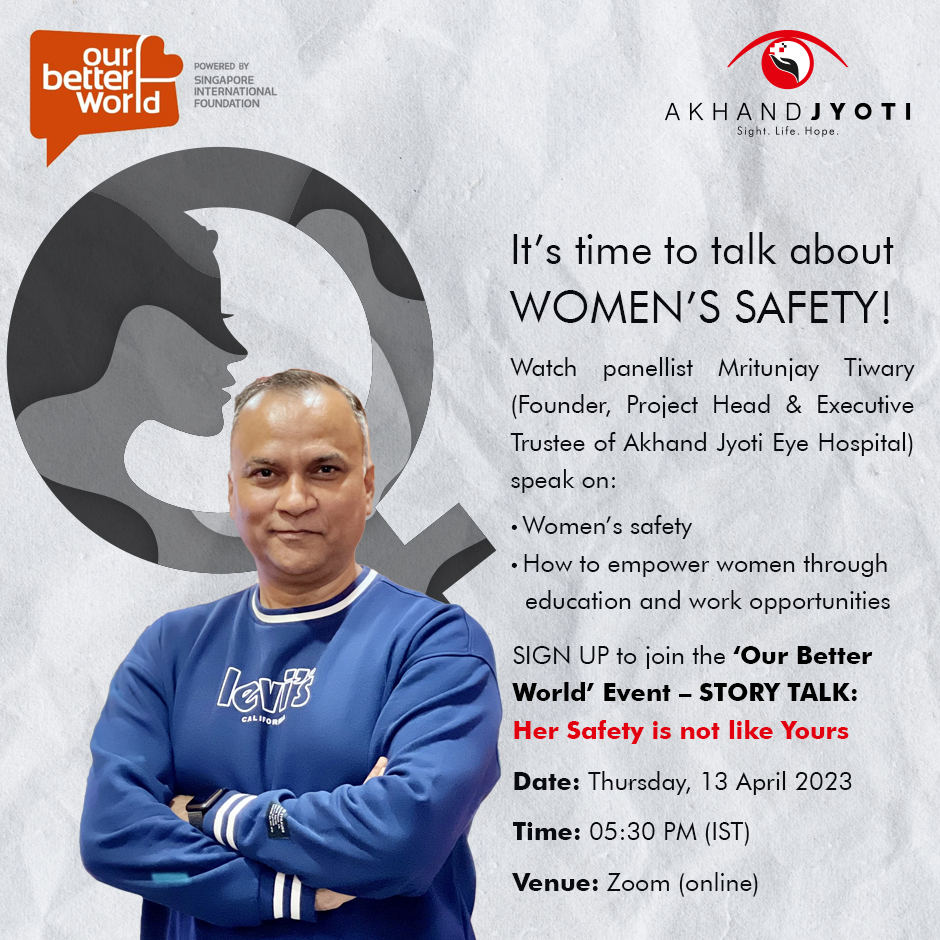 AJEH_BIHAR's tweet photo. Watch panellist Mritunjay Tiwary (Founder, Project Head & Executive Trustee of Akhand Jyoti Eye Hospital) speak on Women's Safety & empowerment.
Sign Up today!
#ourbetterworld #HerSafetyisNotLikeYours #HerIssuesAreReal
https://t.co/I6B6qMsye8 https://t.co/9oTEcAkoDO