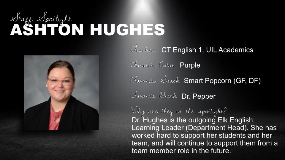 𝐌𝐚𝐲 𝐒𝐩𝐨𝐭𝐥𝐢𝐠𝐡𝐭: Shining the light on Dr. Hughes, our outgoing Elk English Learning Leader! Learn more in the pic below.⬇️