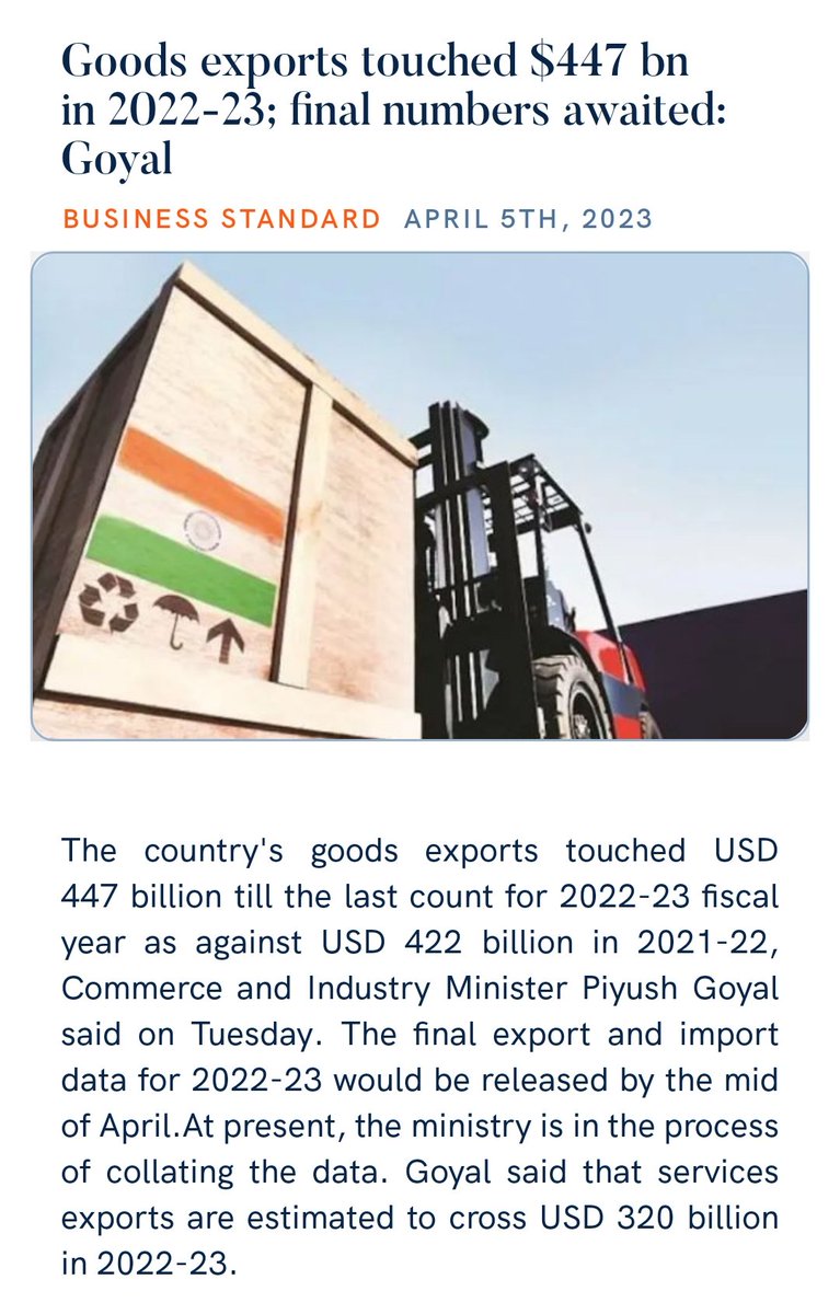 #MadeInBharat🇮🇳
Vocal for Local to Global 
@narendramodi
@DrSJaishankar
@PiyushGoyal @nsitharaman
Goods exports touched $447 bn in 2022-23; final numbers awaited: Goyal
business-standard.com/economy/news/g… via NaMo App