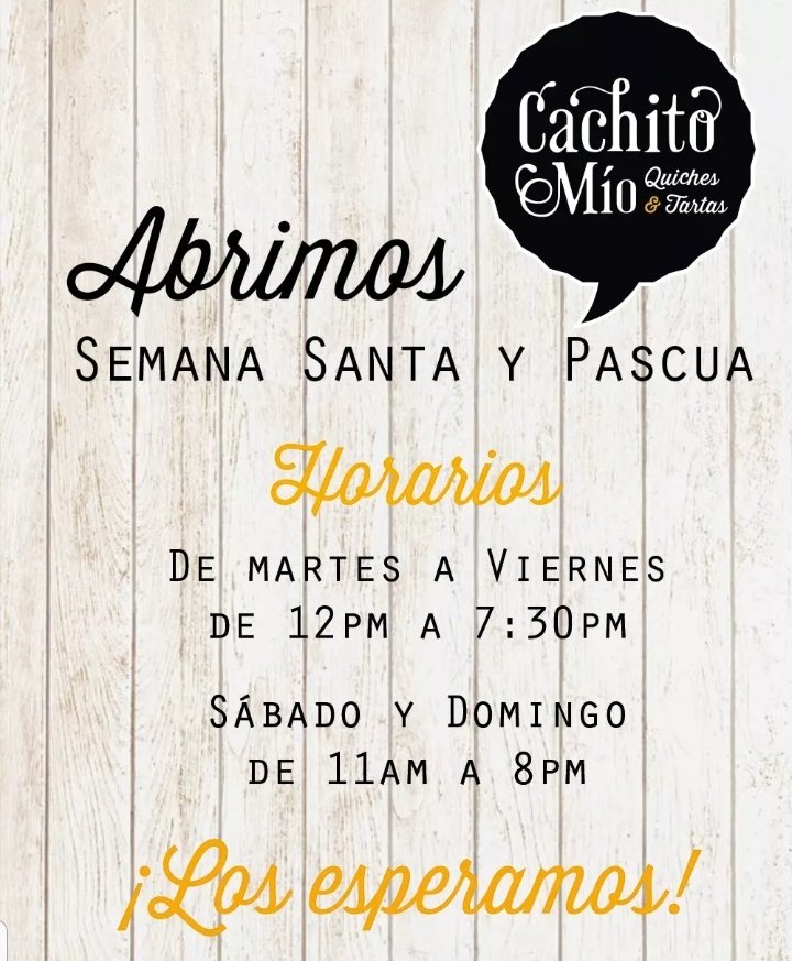 Estos días de Semana Santa y Pascua abriremos en horario normal 🙌🕐🤗 

🔸️Pide tus Cachitos favoritos a domicilio o ven a disfrutarlos aquí acompañados de ensalada, helados y bebidas artesanales, te esperamos!! 🍕🍰🍦☕🥧🍴

🔸️Pedidos WP 5536235037