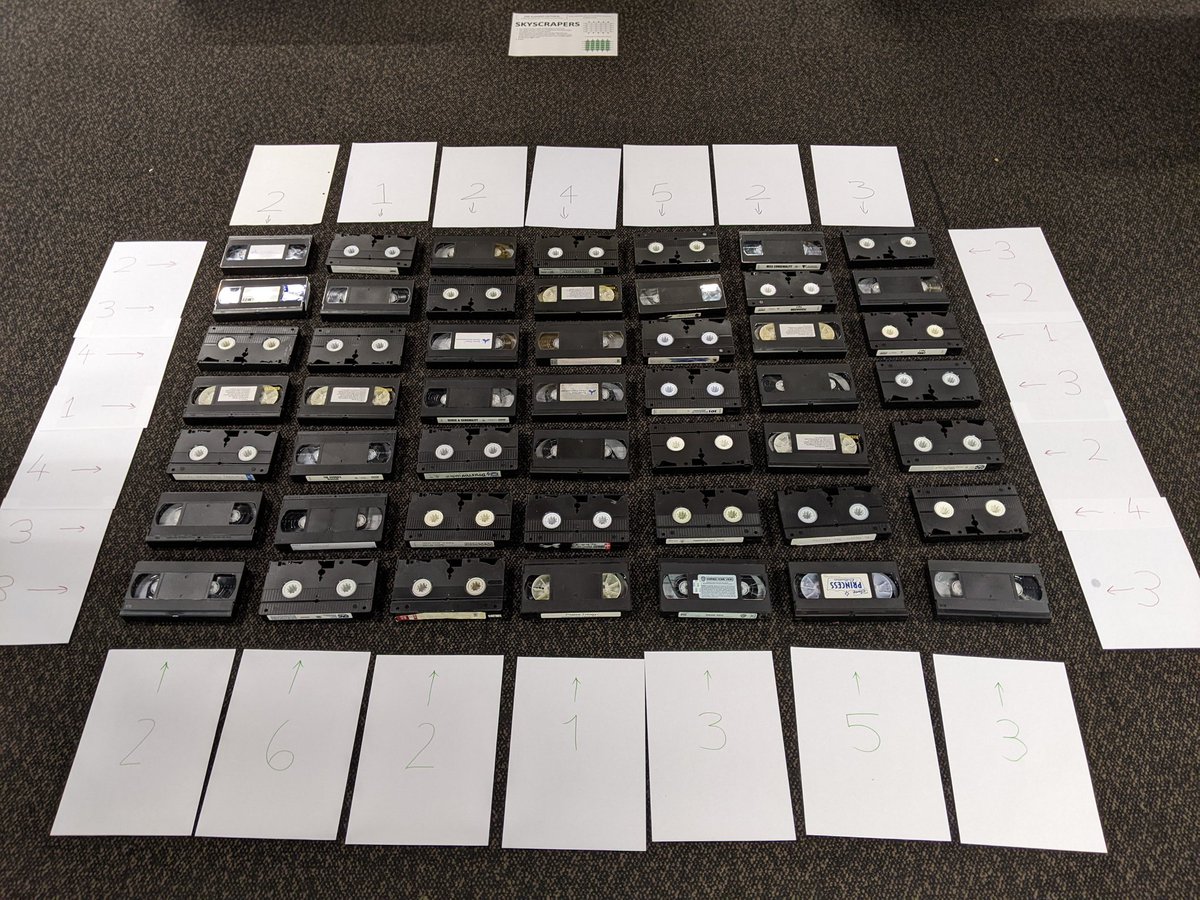 zithral's tweet photo. At #100factorial today we worked on a Skyscrapers puzzle, using video cassettes to represent the buildings. https://t.co/EeXKTAp1iJ