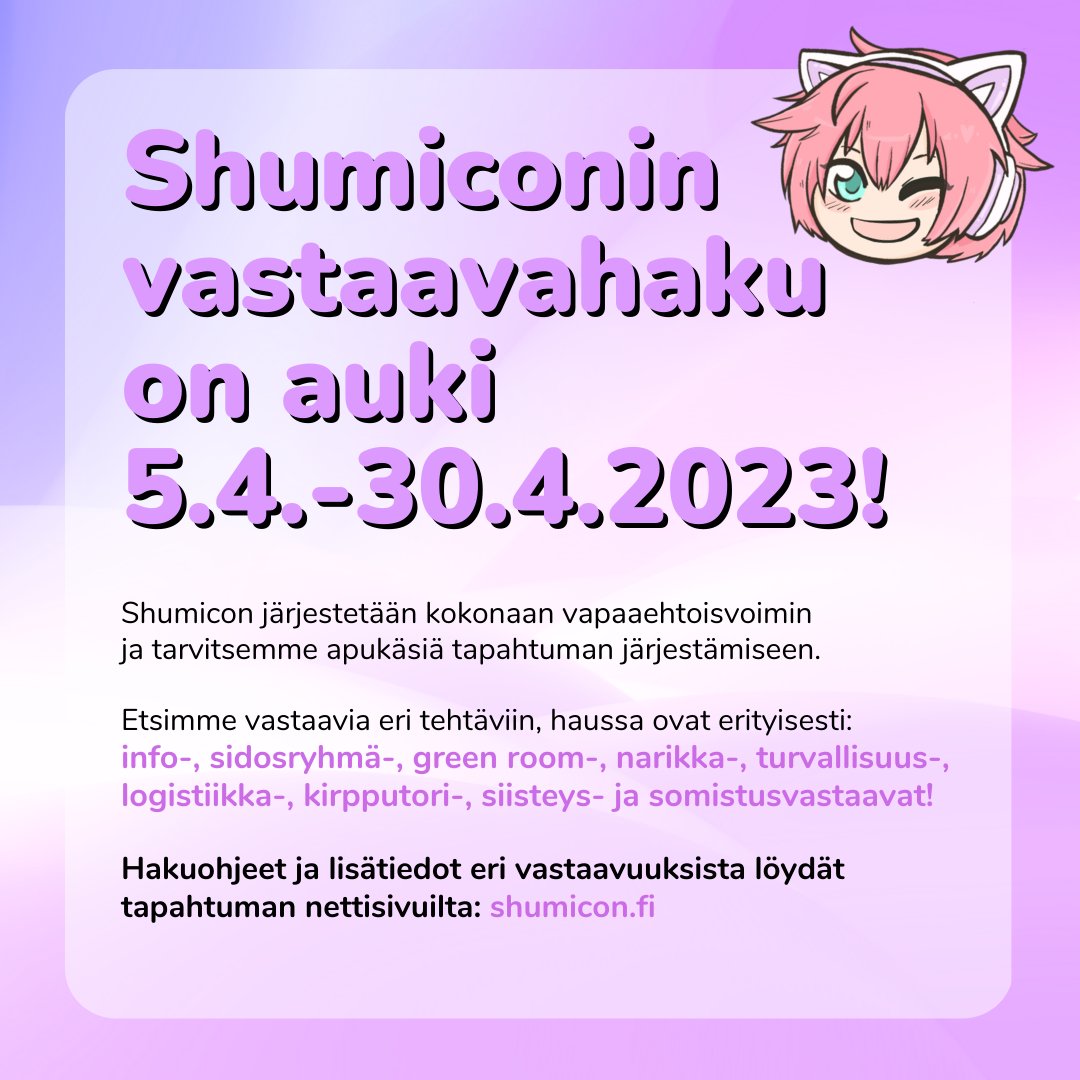 shumiconfin's tweet photo. HAE VASTAAVAKSI SHUMICONIIN!

Hakulomakkeen löydät nettisivuilta: https://t.co/R0djcgRS8Z

Vastaavahaku on auki 5.4–30.4.2023! 🌸

#shumicon #shumiconfin #vastaavahaku #suomenconit https://t.co/5yhjWGhBvZ