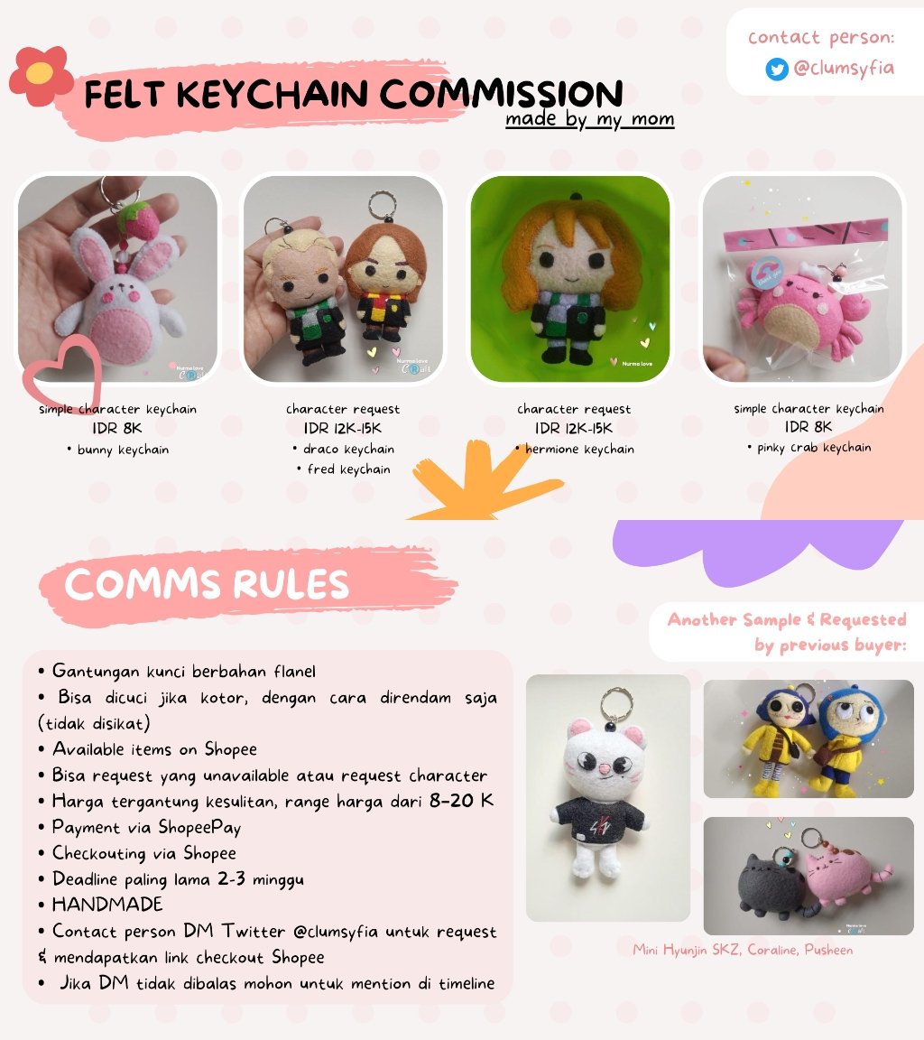 art! halo, sender lagi open commission karya mamah sender, kebetulan sedang BU sekali untuk sehari² dan keperluan kuliah sender. ini flannel/felt keychain yaa, bisa buat di tas juga 🥺💓
RT is appreciated 🙏 thank youu! 💓