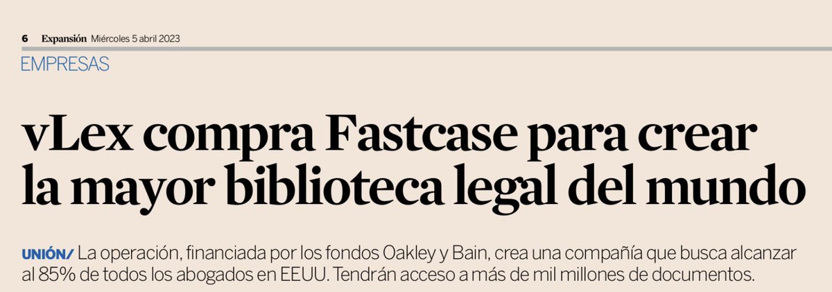 davmiranda's tweet photo. Da gusto leer la noticia de cómo una antigua startup legal española (fundada en 1998, en Barcelona) se expande por EEUU de la mano de firmas de private equity como Oakley (quien ya adquirió el 60% del capital en 2022) y Bain Capital. 

Lluis Faus (fundador y CEO) se hace mayor (en el sentido de más grande, más sabio, más crack -aunque el tiempo pasa para todos-)