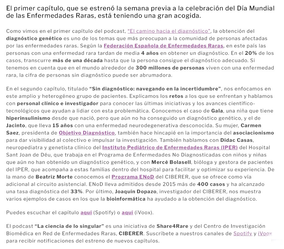 NoInvisibles's tweet photo. Nuevo podcast de #LaCienciadeloSingular‼️ #EERR 
Esta vez sobre las personas q no tienen #diagnóstico y cómo puede ayudar la clínica y la #investigación🧬🧪🖥
Escúchalo aqui👇@Share4Rare_es 
https://t.co/ENEe2KykDr
Gr. @CIBERER @IRSJD_info @ObjDiagnostico @SJDbarcelona_es https://t.co/7btnZhz8jc
