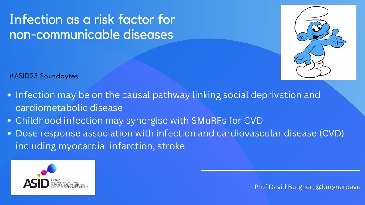 Prof @BurgnerDave @MCRI_for_kids presenting the increasing evidence for infection as a cause of inflammation leading to long-term cardiometabolic diseases #ASID23 @ASIDANZ #IDTwitter #MedTwitter #NCDs