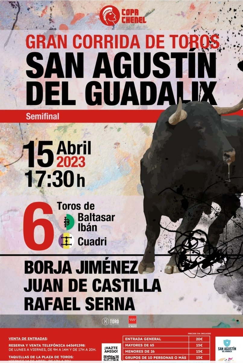 📌 | Continuamos con esta apasionante @copachenel 

👉 Reserva la fecha del 15 de abril para venir a #San Agustín de Guadalix

👉 Seis toros de las míticas ganaderías de B. Iban y #Cuadri para los diestros: 

⚔️ Borja Jiménez 
⚔️ Juan de Castilla 
⚔️ Rafael Serna 

#copachenel