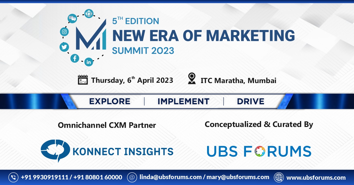 Come meet @KonnectInsights at our 5th Edition New Era of Marketing Summit 2023. Learn how to master the art of #marketing & gain insights into the latest digital tools to deliver a winning brand on Thur, 6th April 2023 at ITC Maratha,Mumbai  
Register Now- tinyurl.com/2p939rs