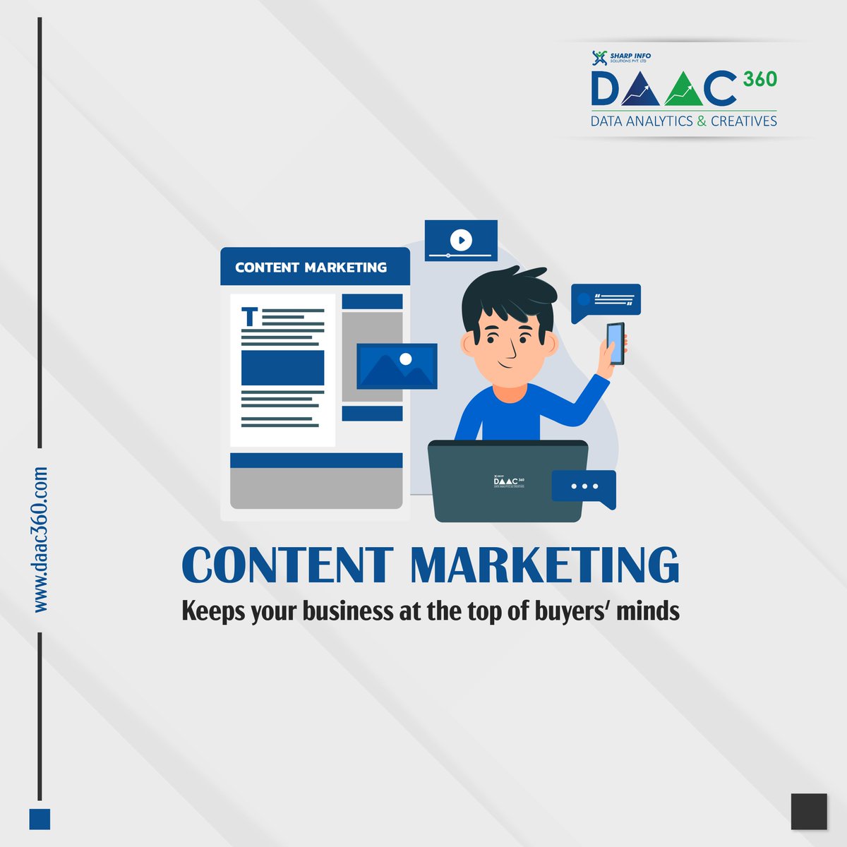 Here is what #contentmarketing does to your business👇
* Attracts new customers
* Engages existing customers
* Retains loyal customers

For effective #contentmarketingservices reach us at daac360.com or contact us at +91 96557 36000 or info@daac360.com to get started!