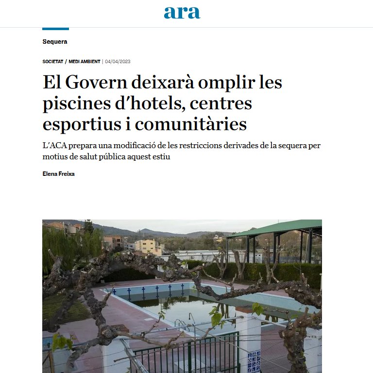 El <a href="/govern/">Govern de Catalunya</a>, al servei dels lobbies turístics.
Per salvar l'activitat turística, disfrassen de refugis climàtics els hotels, privats, privatius i lucratius.
L'aigua per a la gent, no per als lobbies!
#Sequera
#EmergènciaClimàtica
#DecreixementTUrístic
ara.cat/societat/medi-…
