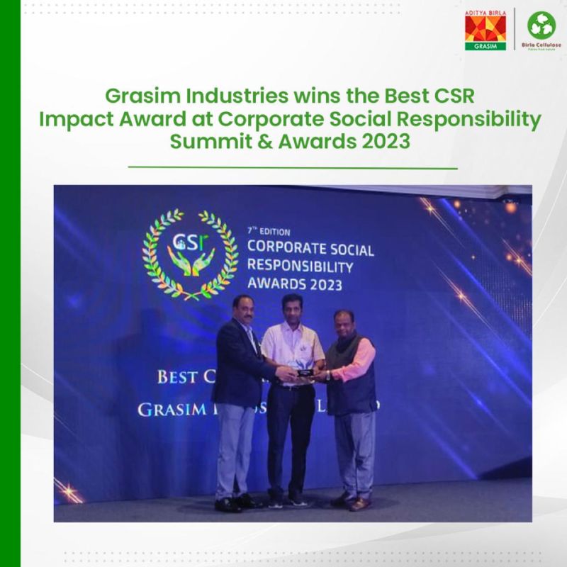 GrasimInd's tweet photo. Grasim - Pulp &amp; Fibre Business, SFD, Nagda received the prestigious Best CSR Impact Award at the Corporate Social Responsibility Summit &amp; Awards 2023 for impactful CSR projects in Agriculture and Rural Development.

Congratulations to everyone!

#CSR #Awards #PulpandFibre https://t.co/Yzs60eMeoP