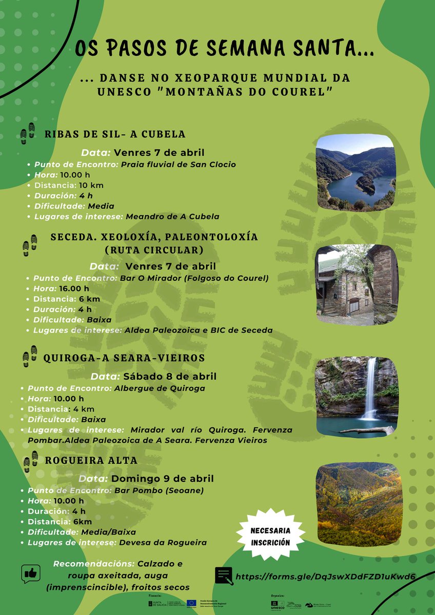 Aínda non tes plan ou vas a estar polo Xeparque Montañas do Courel? 
Esta Semana Santa coñece o #CourelMountainsUNESCOGlobalGeopark en catro pasos!
📷 Ciclo de catro roteiros guiados e interpretados polas Montañas do Courel.
📷 Incripción obligatoria en
forms.gle/DqJswXDdFZD1uK…