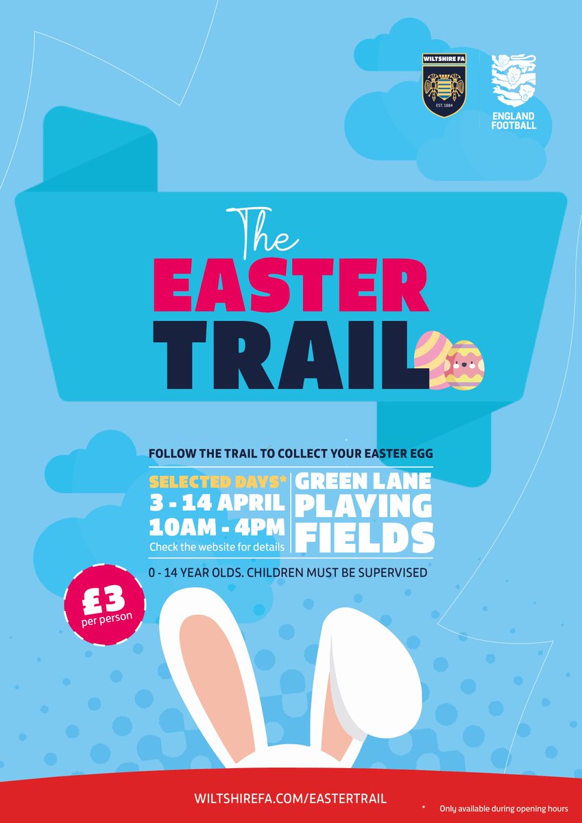 Looking for something to do with the kids?

Apparently Activity 4 on our Easter Trail uses up a LOT of excess energy! Come and try it out!

On completion you will get a well earned Easter egg and decoration.

wiltshirefa.com/news/2023/mar/…

#WeAreGREENLanePlayingFields