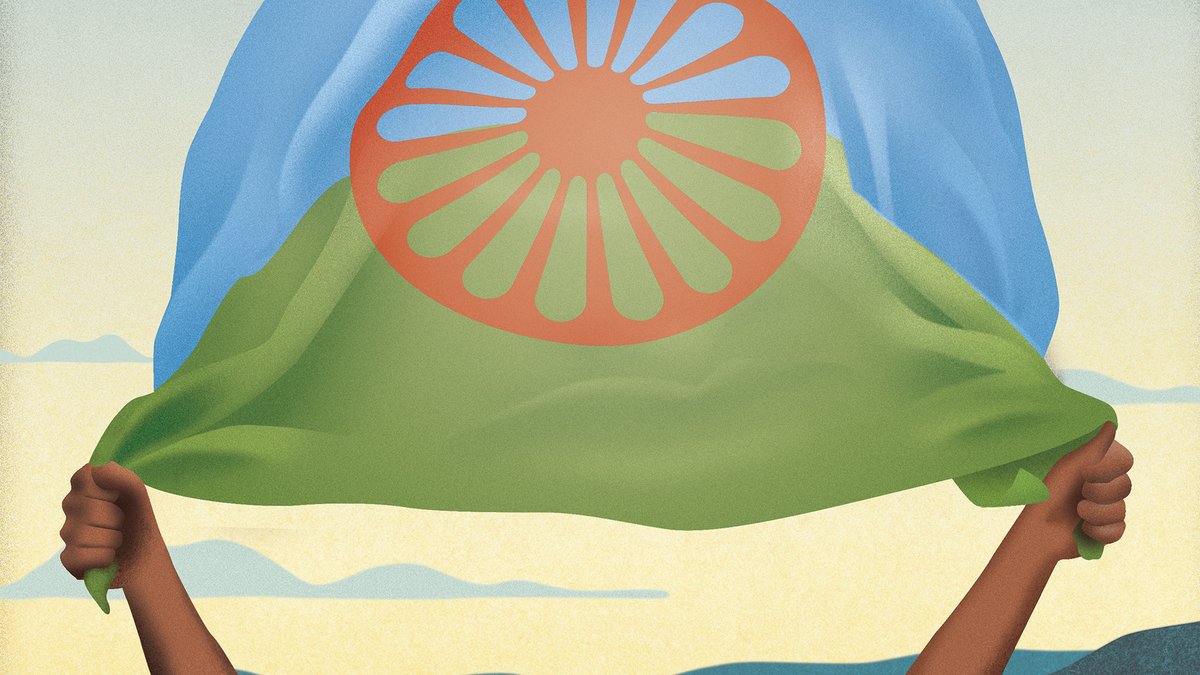 La #bandera gitana representa el azul del cielo y el verde de la tierra. La rueda de carro es un símbolo de libertad. Se instauró en 1971 y España la reconoció en 2018 para el uso en actos oficiales.  #8deAbril #DíaPuebloGitano (Ilustración de la campaña Lección Gitana)