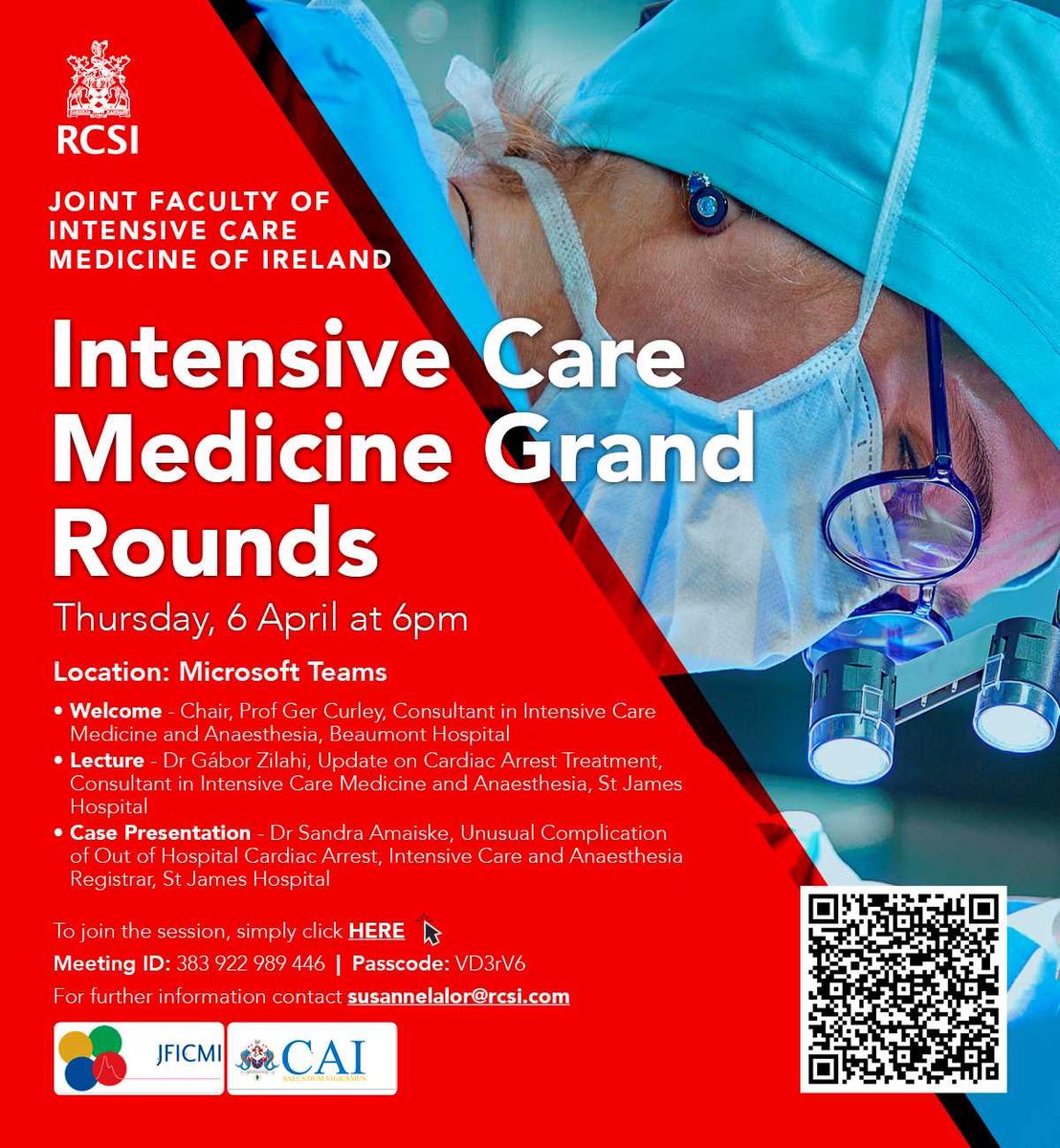 Intensive Care Grand Rounds returns this Thursday 6th April at 6pm. This week we will hear from Dr Gábor Zilahi from St James’s Hospital with an update on cardiac arrest treatments. We will also have a case presentation from Dr Sandra Amasike.
We look forward to welcoming you all