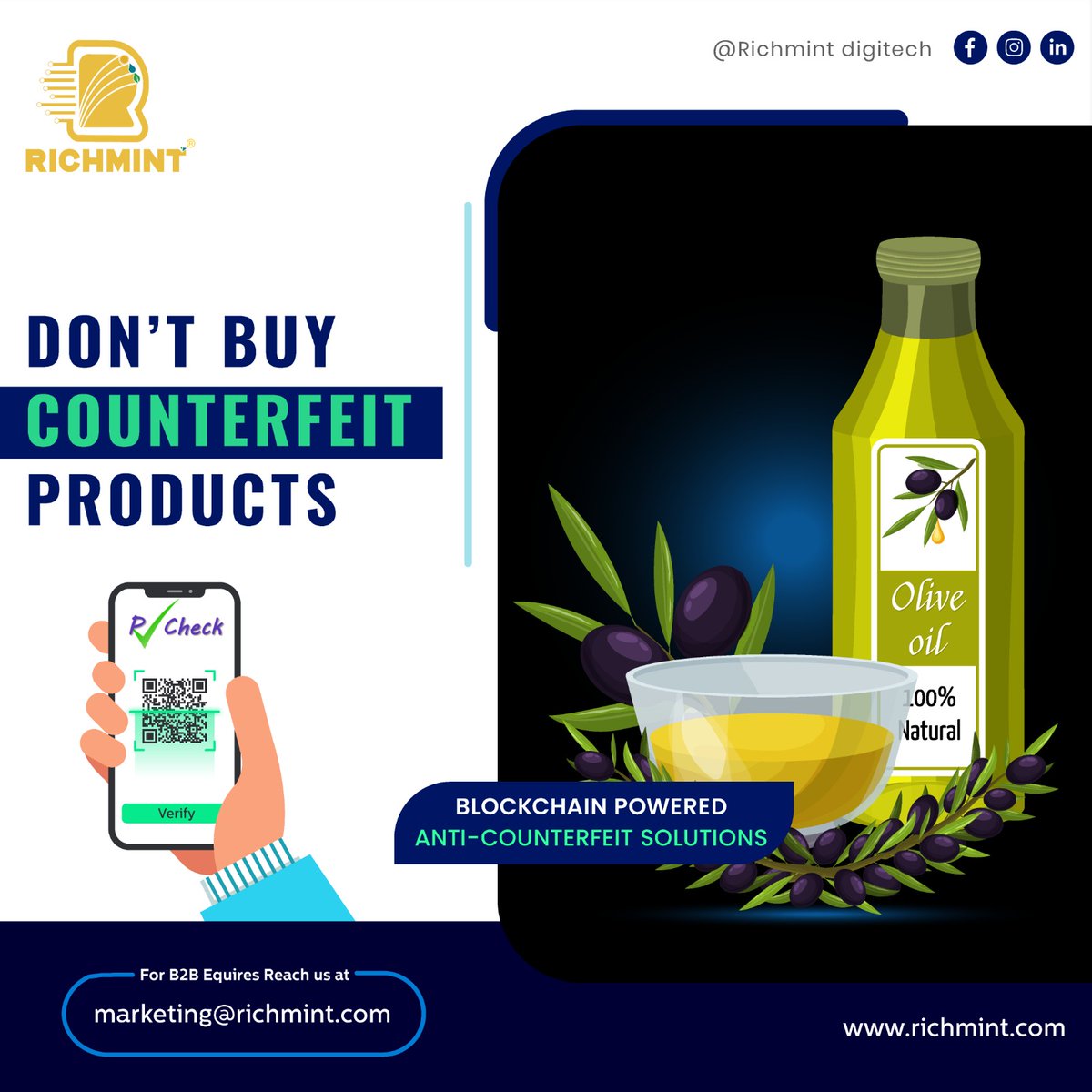 RichmintD's tweet photo. 📩 marketing@richmint.com
#olives #oil #oliveoil #saffola #manufacturer #factory #olivetree #brandambassador #brandtobefound #rcheck #richmint #RMW #blockchaintechnology #anticounterfeit #farzi #fakeaway #brandidentity #QRCode #mobileapp https://t.co/4AxqKO92db