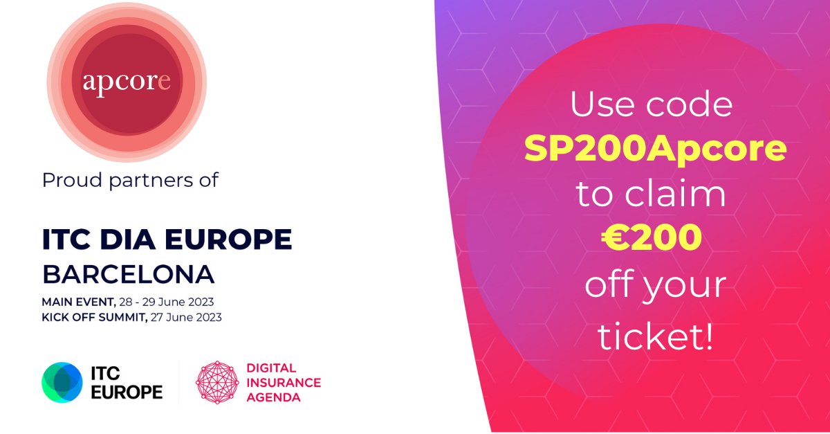 aparuschke's tweet photo. Do you want to join InsurTech Connect Europe / DIA in Barcelona in June?
Please use apcore's discount code to get your ticket to the event and let's meet in Spain between June, 27th and 29th.

https://t.co/sRnkqxUCB5 

#InsurTechConnect #DIA #Insurance #Technology #InsurTech https://t.co/QIpNiqmPLT