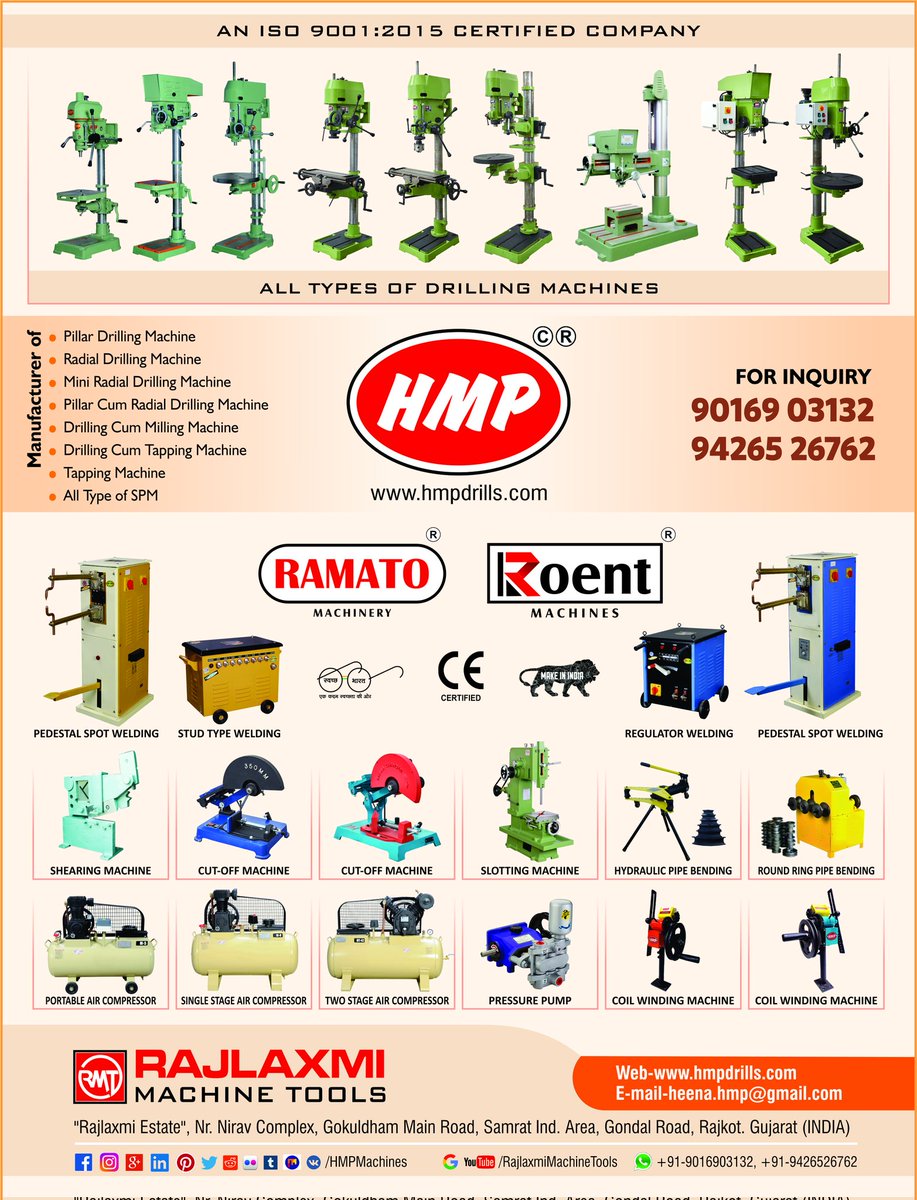 HMPMachines's tweet image. Rajlaxmi Machine Tools
#pillardrill #benchdrill #heavydrill #pedestalgrinder #beltgrinder #pump #machine #rectifier #weldingmachine #aircompressor #blower #cuttingmachine #bendingmachine #shearingmachine #tools #machinery #slottingmachine #windingmachine #carwasher #powertools