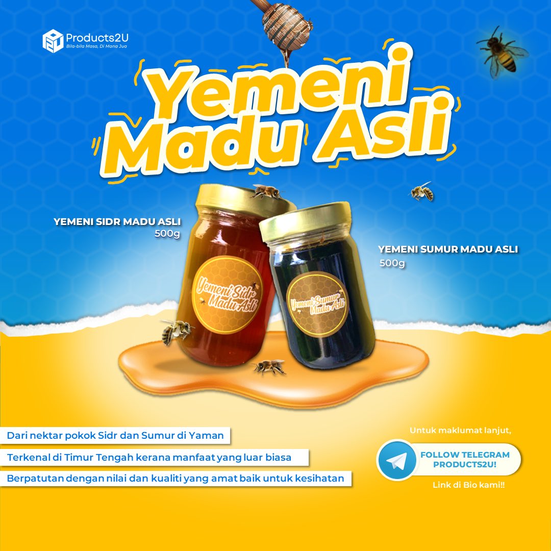 Products2You's tweet photo. P2Users, produk baru masuk dalam Marketplace Products2U! — Yemeni Sidr Madu Asli &amp; Yemeni Sumur Madu Asli 😍

▪️Diimport dari Yemen
▪️Murah Tetapi Berkualiti Tinggi
▪️Khasiat Tinggi 

Beli dapat Cashback, Jual dapat Komisen! https://t.co/l1PFyjfr9B