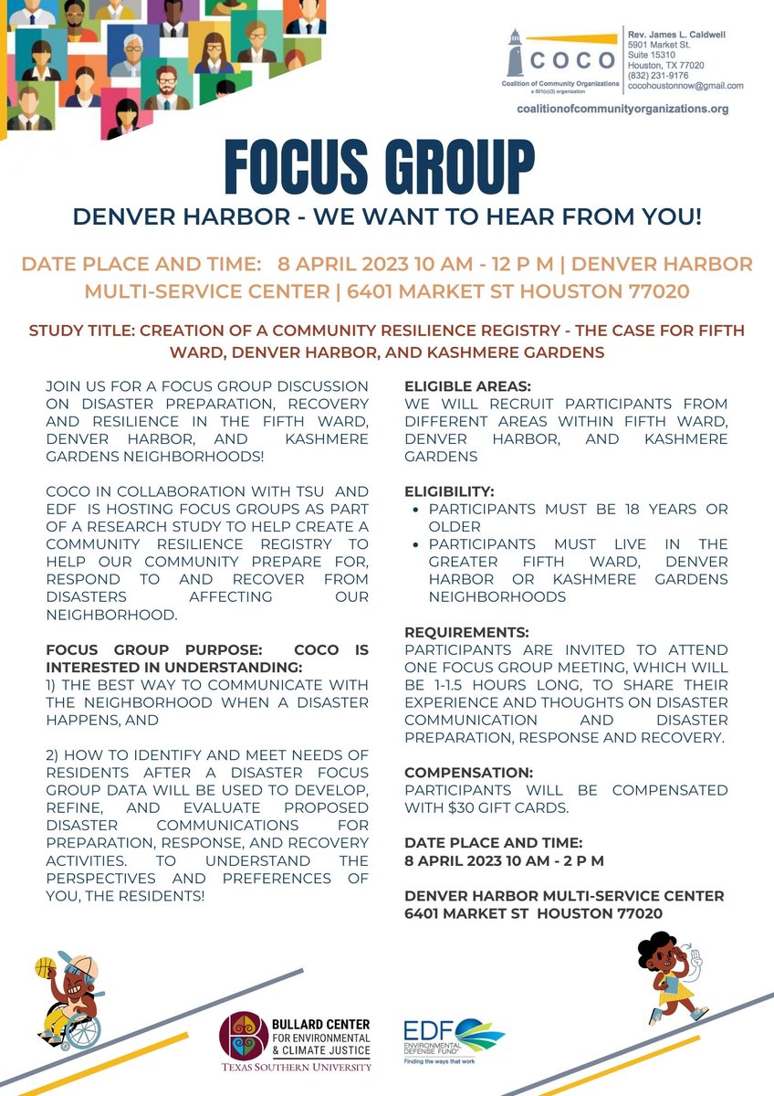 cocohoustonnow's tweet photo. #FocusGroups #Paid: #Disaster #Resiliency Focus Groups #FifthWard, #KashmereGardens, #DenverHarbor.
Email: fifthwardblockcaptains@gmail.com or call 832-409-2477 if you have additional questions.
@EDFtx @TexasSouthern @DSCEJ #nbejn @HoustonOEM #lepc @alertmedia @AlertHouston @Bemaintl @HouGalvAreaCog @CeerHouston @CEChouston @airallianceHOU @HealthyPortHTX