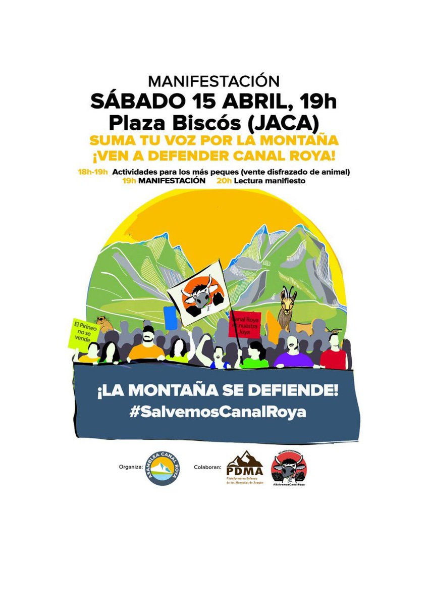 PDMAAragon's tweet photo. Propuesta para la gente de Zaragoza que el próximo 15 abril subirá hasta Canfranc para el paseo convocado por educadores ambientales: algunas de nosotras nos quedaremos a la manifestación que organizan nuestros compañeros de la Asamblea Canal Roya. ¿Te animas? 
#SalvemosCanalRoya https://t.co/wUTJexYIW5