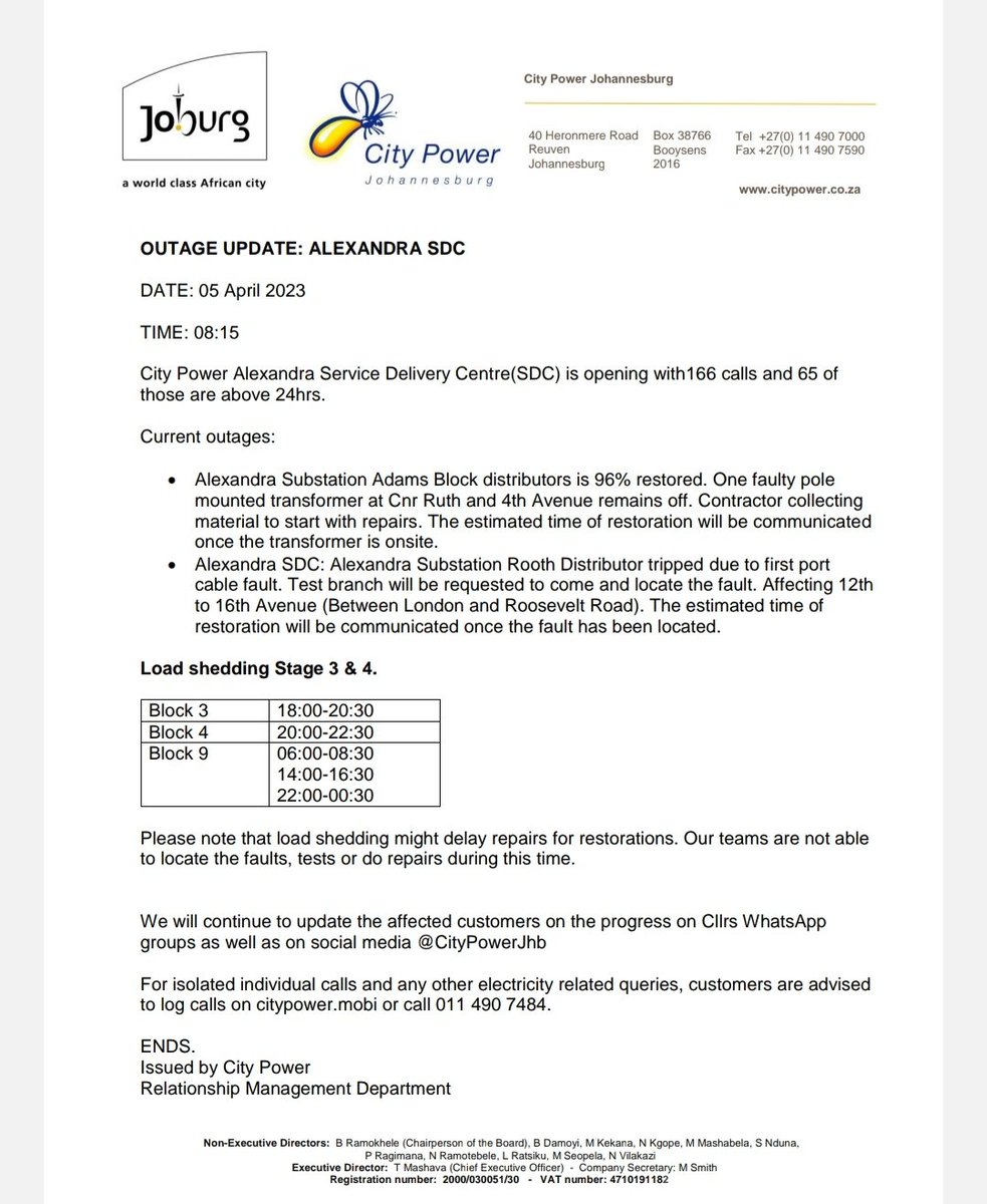 CityPowerJhb's tweet photo. Region E #AlexandraOutages

#RoothDistributor test branch to be requested.

4thAve team is sourcing out material ^DR https://t.co/btpibBQ3gy