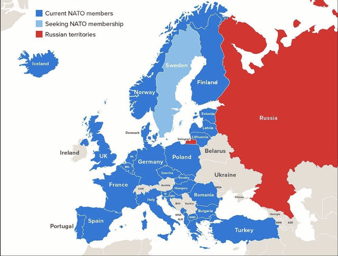 New NATO Map - Looks like Russia's gonna need a bigger fence! With Finland joining NATO, their border with the alliance just got 1,200 km longer #NeighborlyLove or #NATOExpansion?