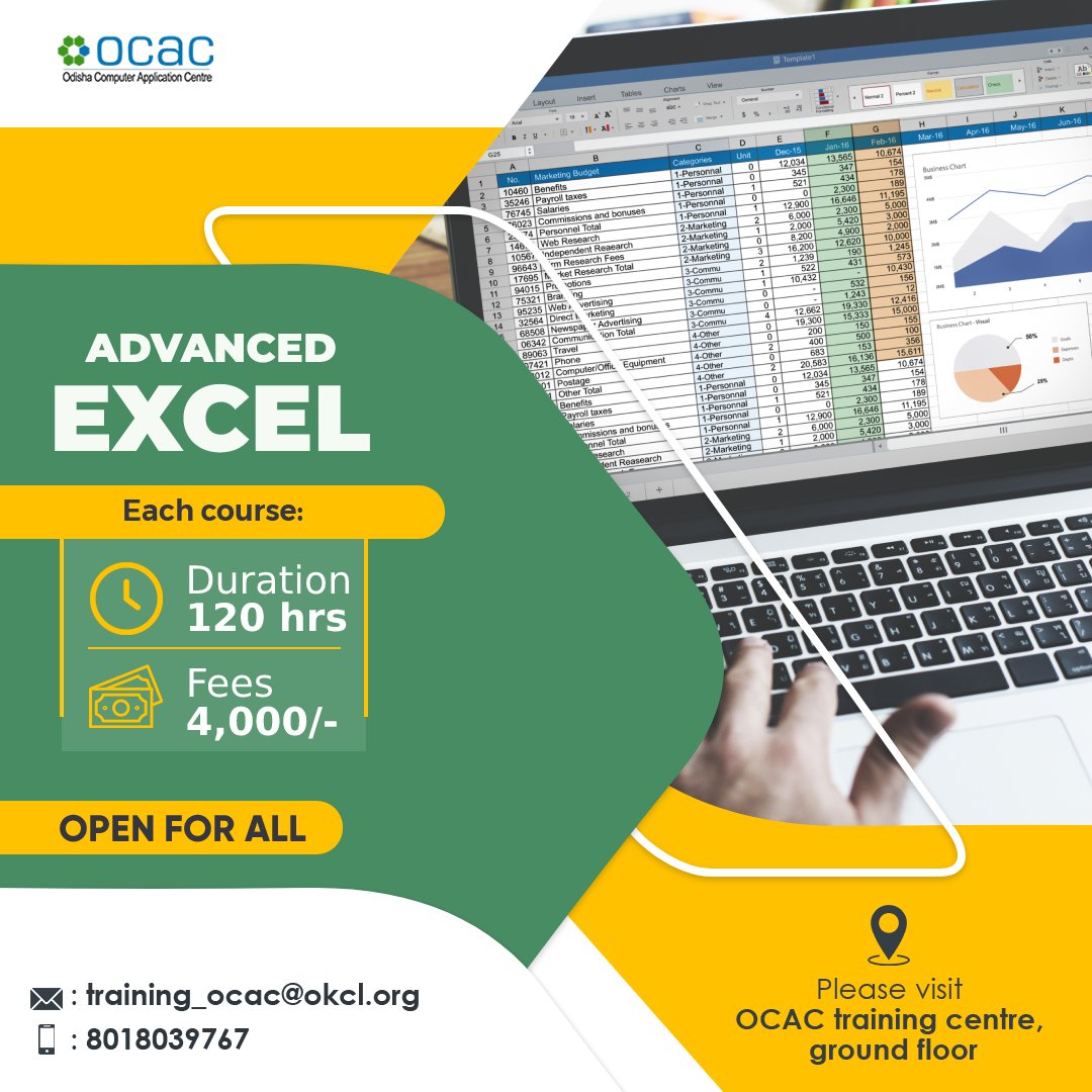 OCAC_Odisha's tweet image. Boost your career prospects and get a competitive edge in the job market with the #AdvancedExcel course offered at OCAC Training Centre in #Bhubaneswar. Enrol today to learn advanced data analysis skills, formulas, dashboards and much more.

#SkilledOdisha #Excel