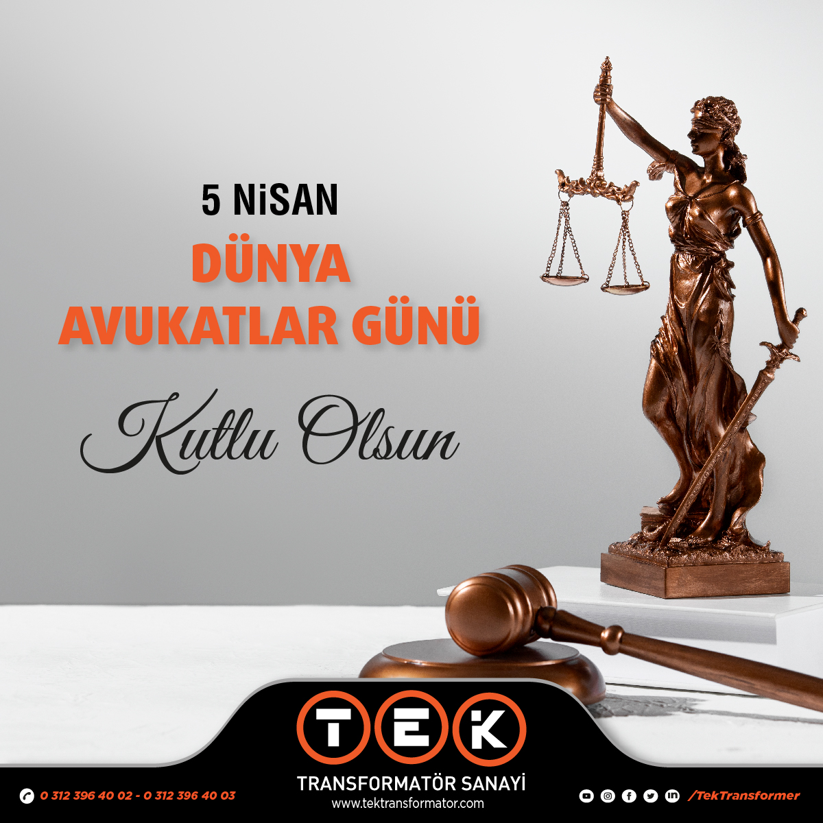TekTransformer's tweet image. Hukuku üstün kılmak ve insan onuruna yakışır bir adalet sağlamak için büyük sorumluluk üstlenen tüm avukatların Avukatlar Günü kutlu olsun...

#avukatlargünü #5nisanavukatlargünü #tektransformator #tektransformer