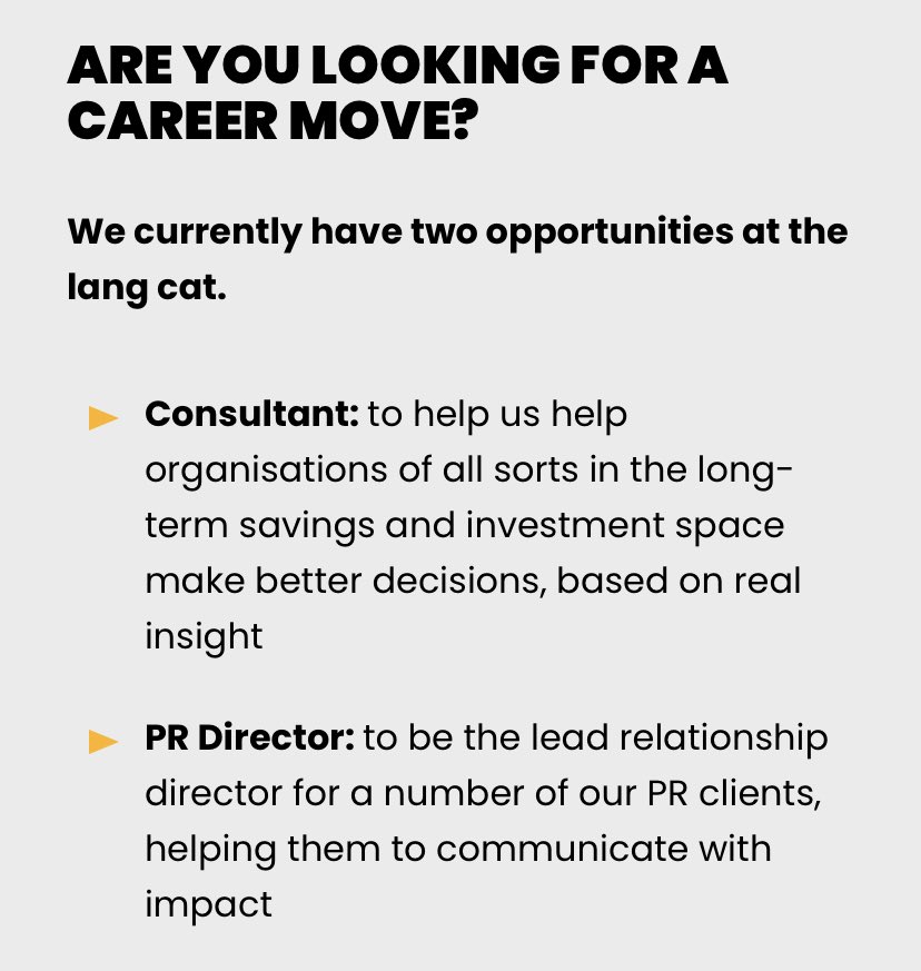 We’re hiring again. This time we have two roles to fill. A Consultant and a PR Director.

Have a read. If you think you’re the right fit and want to do something less boring instead, get in touch.

Please spread the word.

langcatfinancial.co.uk/jointheteam/?f…
