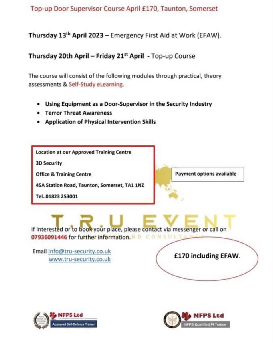 Do you want to work the Summer Festival season or need your Current SIA up Skilling training? Our  April SIA training courses are filling up fast. 

Our courses are held in Taunton please call the trainer direct 07936 091446