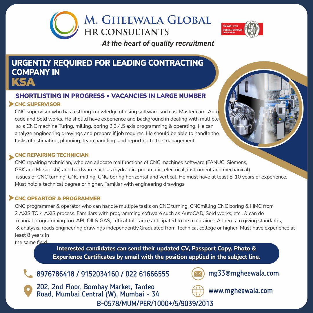 mgheewala_hrc's tweet photo. Job Vacancies for #KSA
Interested Candidates can send the updated resume to mg33@mgheewala.com
Learn More https://t.co/Ps4bxv1OLt
Telegram Channel for job updates : https://t.co/831AMM3eDm
#CNCsupervisor #repairng #technician #ksajobs #operator #programmer #hiring #overseas https://t.co/d1P86OgS8x