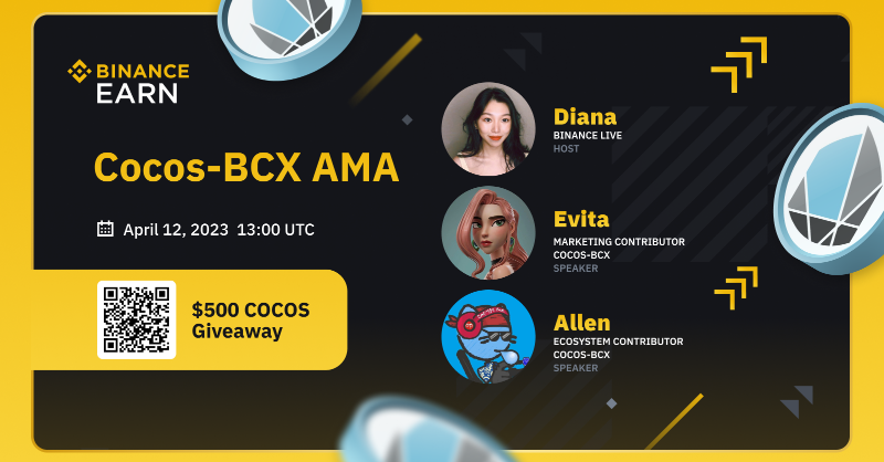 binance's tweet photo. Join us on #Binance Live for a @CocosBCX AMA with Cocos-BCX Ecosystem Contributor, Allen, and Marketing Contributor, Evita.

🗓️ April 12, 2023.
⏰ 13:00 UTC.

There will also be $500 in $COCOS to be won - see thread on how to participate!

Set a reminder ⤵️