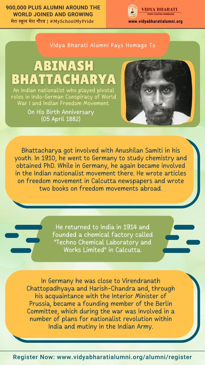 Vidya Bharati Alumni Pays Homage To Abinash Bhattacharya, an Indian nationalist who played pivotal roles in Indo-German Conspiracy of World War I and Indian Freedom Movement, On His Birth Anniversary.

#alumni #Bharat #India #MySchoolMyPride #vbpurvchatra
