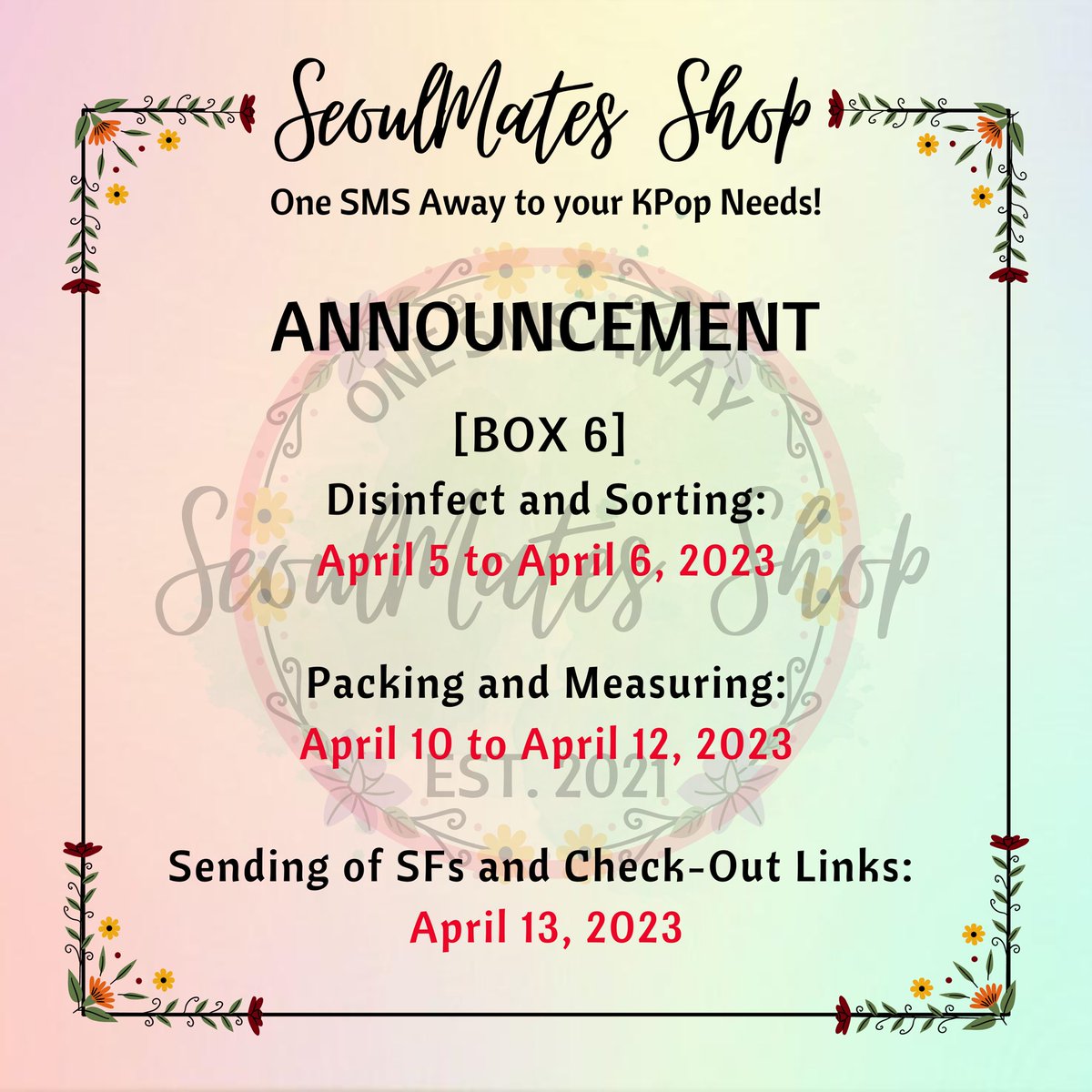 shopseoulmates's tweet photo. #SMS_Updates | BOX 6
β APRIL 05, 2022 β
π¦ Arrived in PH Address
π For those with remaining balance (pf), kindly settle it for your orders to be shipped out~
π Posted schedule is an estimation only and can be earlier than the said dates.
https://t.co/yLPWcalpg8 https://t.co/4E8OkqSkl3
