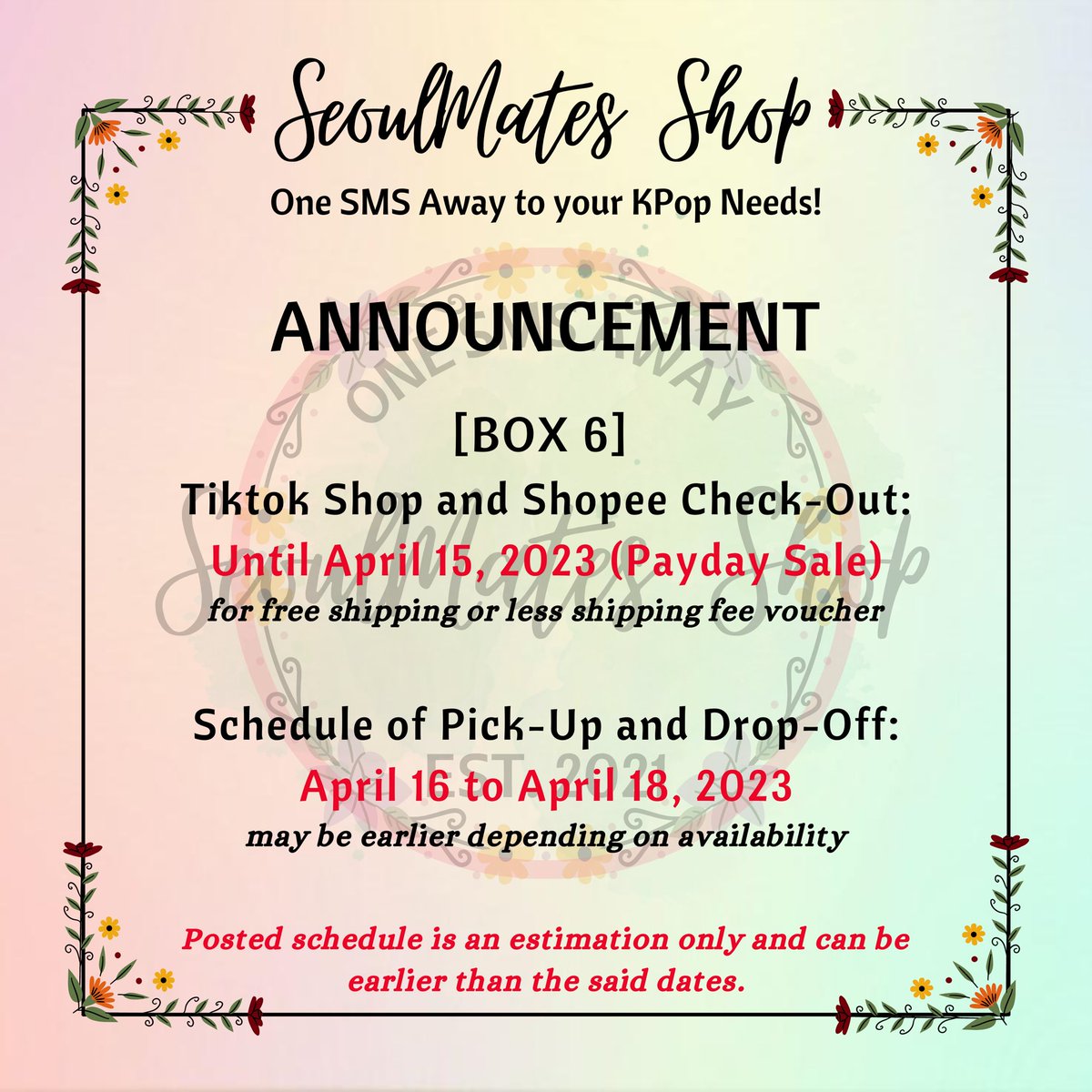 shopseoulmates's tweet photo. #SMS_Updates | BOX 6
β APRIL 05, 2022 β
π¦ Arrived in PH Address
π For those with remaining balance (pf), kindly settle it for your orders to be shipped out~
π Posted schedule is an estimation only and can be earlier than the said dates.
https://t.co/yLPWcalpg8 https://t.co/4E8OkqSkl3