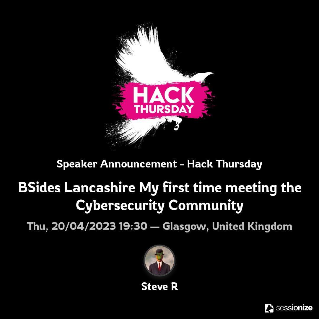 Hack_Thursday's tweet photo. We know it’s first thing but we are so excited to share our first speaker card of our first event, it’s also his first talk and it’s about going to his first cyber conference, which was the very first @BSidesLanc !

Feeling firsty? Let’s have a drink and chat with  @StevieNo1 https://t.co/X3Q4SRwiBh
