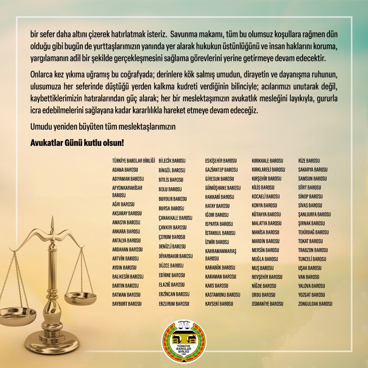 Umutla, dirayetle, el birliğiyle, yeniden! ⚖️

Umudu yeniden büyüten tüm meslektaşlarımızın Avukatlar Günü kutlu olsun!

#5NisanAvukatlarGünü

👉 tbb.av.tr/868