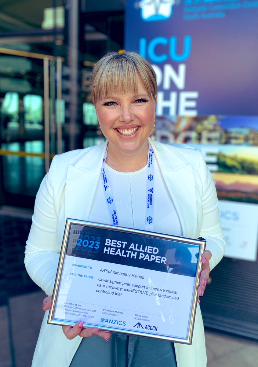 A/Prof Kimberley Haines (@haineskimberley) on Twitter photo Thanks to <a href="/ANZICSACCCN_ASM/">ANZICS ACCCN ASM</a> for another awesome ASM.
Delighted to have received Best Allied Health Paper for our pilot RCT of peer support for ICU survivors & carers.
Thanks to all who contributed to this research, including @sccm for funding. Thanks to <a href="/ANZICSACCCN_ASM/">ANZICS ACCCN ASM</a> for another awesome ASM.
Delighted to have received Best Allied Health Paper for our pilot RCT of peer support for ICU survivors & carers.
Thanks to all who contributed to this research, including @sccm for funding.