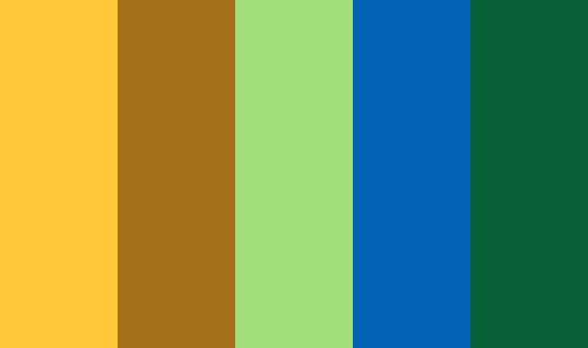palette_gen's tweet photo. Classic Musicals 
 #fec839 #a66f19 #a2df7b #0262b3 #086039 https://t.co/2Ys0gRsdtW