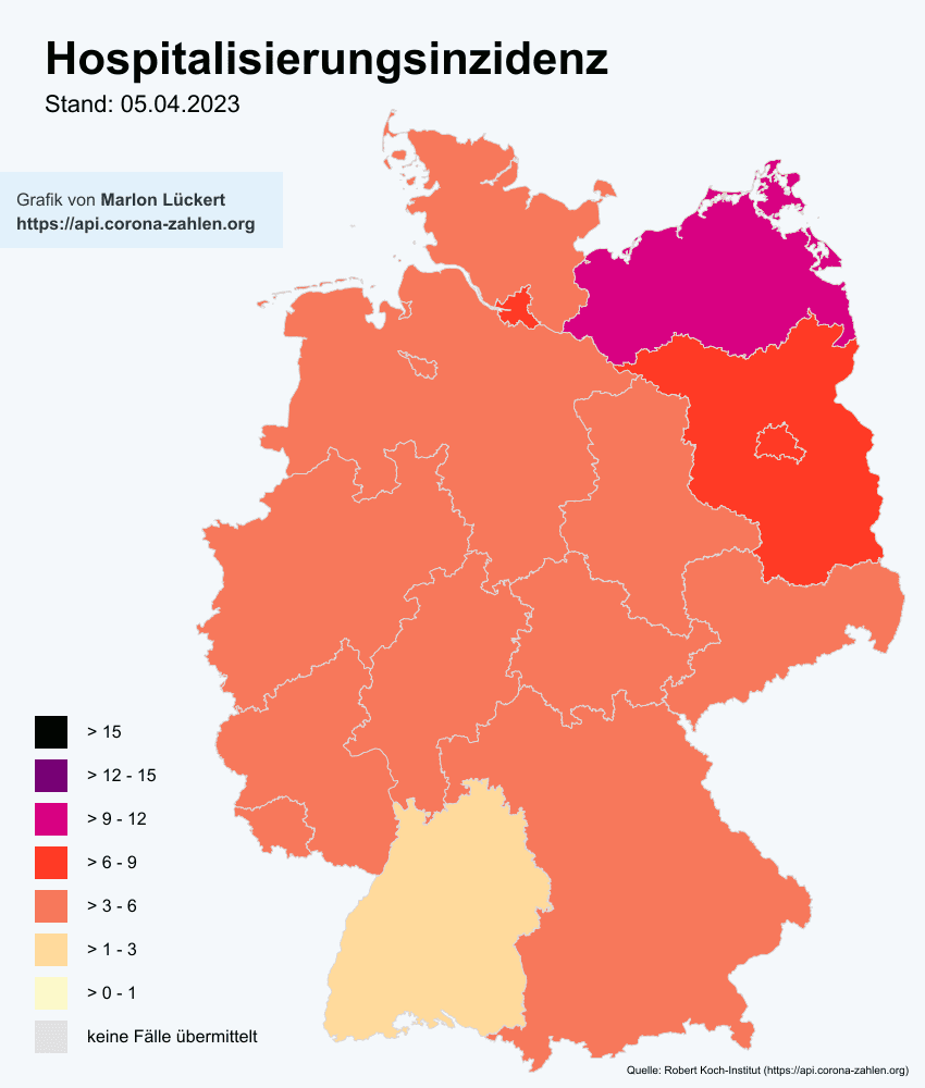 🇩🇪 Auslastung der Intensivstationen am 05.04.2023 🇩🇪

🛌 Belegt: 19.521 / 22.926 (0% | 3.405 frei)

🦠 Davon Corona: 963 (0% | -28)
   🔸 Davon Beatmet: 338 (35,1%)
   🔹 Betten frei pro Standort: 2,84

🆓 Corona-Intensivbetten frei: 888 / 22.926