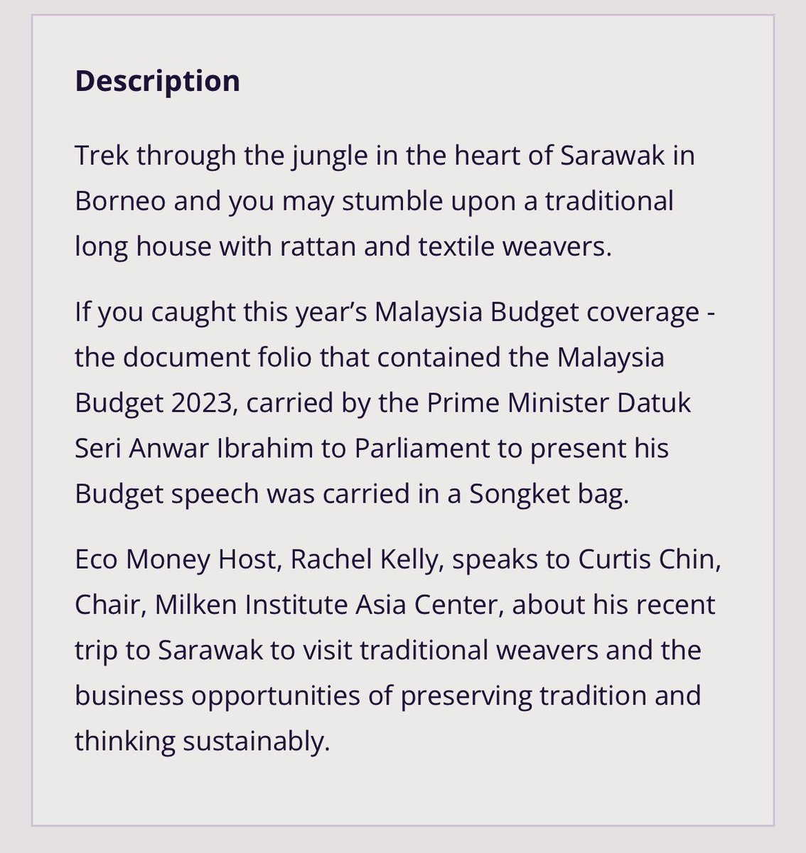 CurtisSChin's tweet photo. Let’s go to the #digitalclip. Have a listen as @rachelkelly360 & 🙋🏻♂️ keep the focus on #EcoMoney & preserving #tradition & weaving #sustainability into business.
https://t.co/X8MY5gTu2J #podcast @TanotiCrafts @SarawakTravel @MilkenInstitute @helene_wpli @Brent_Huffman @ValaAfshar https://t.co/widgjmKteD